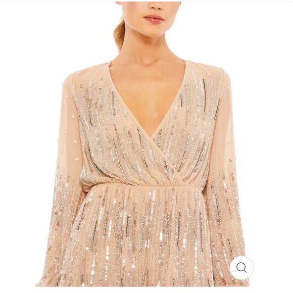 Mac Duggal Beaded Sequin Long Sleeve V Neck Surplice Neck Romper 10563 Nude 10 - Picture 5 of 12